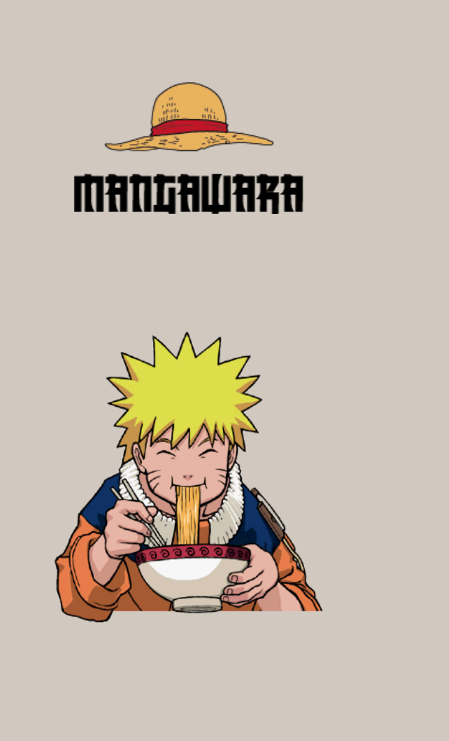 Beige vintage typographique exposé présentation Image en fond beige avec logo Mangawara avec chapeau de paille au dessus de l'écriture. Juste en dessous, naruto uzumaki du manga naruto qui mange des ramens et qui a l'air heureux.